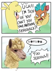 Size: 3600x4800 | Tagged: safe, artist:redahfuhrerking, derpibooru import, velvet reindeer, alpaca, deer, reindeer, them's fightin' herds, 2 panel comic, angry, annoyed, comic, community related, duo, image, meme, paprika (tfh), png, realistic, text, too serious