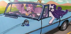 Size: 2500x1200 | Tagged: safe, artist:slapearl, derpibooru import, rarity, twilight sparkle, twilight sparkle (alicorn), alicorn, pony, unicorn, g4, alternate hairstyle, cadillac, car, crown, driving, duo, duo female, eyeshadow, feather, female, grin, gritted teeth, horn, image, jewelry, jpeg, lesbian, lipstick, makeup, reckless, regalia, scared, ship:rarilight, shipping, smiling, sunglasses, teeth, unshorn fetlocks