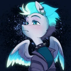 Size: 1000x1000 | Tagged: safe, artist:sugarpersonlove, derpibooru import, oc, pegasus, clothes, collar, colored wings, ear piercing, filter, glow, glowing mane, glowing wings, image, jpeg, looking at you, male, piercing, shirt, solo, solo male, spread wings, t-shirt, wings