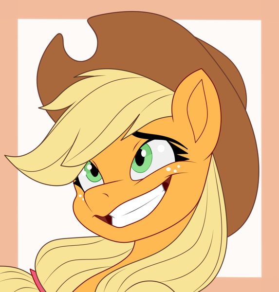 Size: 1075x1126 | Tagged: safe, artist:sage-o-matic, derpibooru import, applejack, earth pony, pony, g4, cowboy hat, female, grin, hat, image, mare, passepartout, png, smiling, solo