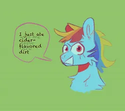 Size: 2048x1820 | Tagged: safe, artist:silliercryptid, derpibooru import, rainbow dash, pegasus, pony, g4, alcoholism, bust, chest fluff, dashaholic, dialogue, female, green background, image, jpeg, mare, portrait, simple background, solo, speech bubble