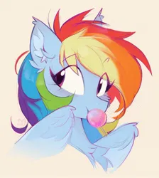 Size: 1589x1776 | Tagged: safe, artist:lerk, derpibooru import, rainbow dash, pegasus, pony, g4, blowing bubblegum, bubblegum, bust, chest fluff, ear fluff, eye clipping through hair, eyebrows, eyebrows visible through hair, female, food, gum, image, jpeg, mare, solo