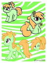 Size: 768x1024 | Tagged: safe, artist:kharmacal, derpibooru import, oc, unofficial characters only, earth pony, human, pony, female, filly, foal, humanized, image, lying down, mouth hold, passepartout, png, ponyloaf, ponytail, prone, self paradox, self ponidox, show accurate, striped background