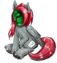 Size: 1731x1913 | Tagged: safe, artist:buttercupsaiyan, oc, oc:nawni, pegasus, anon mask, clothes, cosplay, costume, female, folded wing, hoof polish, image, krita, lossless, marecon, mask, paper cutie mark, png, question mark, red hair, sitting, solo, tape, unshorn fetlocks