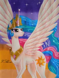 Size: 1556x2048 | Tagged: safe, artist:shi-m, derpibooru import, princess celestia, alicorn, pony, g4, crown, eyelashes, female, horn, image, jewelry, jpeg, looking at something, majestic, mare, peytral, photo, regalia, signature, solo, sparkles, sparkly mane, sparkly tail, spread wings, stars, tail, traditional art, wings