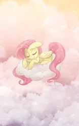 Size: 800x1280 | Tagged: safe, artist:luminairous, derpibooru import, fluttershy, pegasus, pony, g4, cloud, female, image, lying down, mare, on a cloud, png, prone, sleeping, solo, zine:equestria escapades