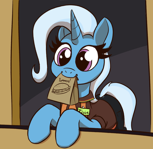 Size: 888x862 | Tagged: safe, artist:xppp1n, derpibooru import, trixie, pony, g4, burger, clothes, drive thru, female, food, image, mare, png, scene interpretation, solo, to saddlebags and back again, uniform