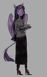 Size: 659x1080 | Tagged: safe, artist:ooo_21, derpibooru import, twilight sparkle, twilight sparkle (alicorn), alicorn, anthro, g4, book, clothes, female, gray background, image, jpeg, leonine tail, simple background, skirt, solo, sweater, tail