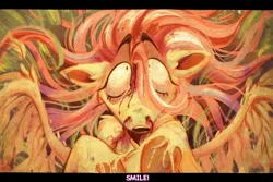 Size: 2560x1711 | Tagged: grimdark, artist:din.k, derpibooru import, fluttershy, pegasus, pony, smile hd, g4, abuse, blood, female, flutterbuse, image, imminent death, implied pinkie pie, jpeg, lying down, mare, nosebleed, solo