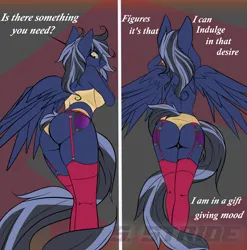 Size: 7718x7809 | Tagged: suggestive, artist:shade stride, derpibooru import, oc, oc:subtle sortie, anthro, pegasus, pony, butt, clothes, dialogue, female, image, lingerie, looking at you, mare, png, rear view, socks, stockings, stripping, talking to viewer, thigh highs, watermark, wings