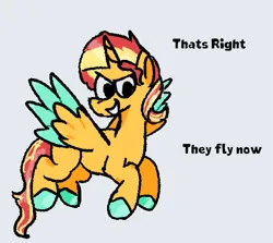 Size: 683x610 | Tagged: safe, artist:zoeyhorse, derpibooru import, sunset shimmer, alicorn, pony, g4, alicornified, colored hooves, colored wings, colored wingtips, dialogue, female, furrowed brow, hooves, image, mare, open mouth, open smile, png, race swap, shimmercorn, simple background, smiling, solo, talking to viewer, white background, wings