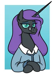 Size: 609x831 | Tagged: safe, artist:jargon scott, derpibooru import, oc, oc:nyx, unofficial characters only, alicorn, pony, bust, clothes, crossed hooves, female, glasses, gradient background, horn, image, lidded eyes, long horn, looking at you, mare, nyxruary, older, older nyx, passepartout, png, slit pupils, smiling, smiling at you, solo, sweater