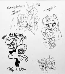 Size: 1803x2048 | Tagged: safe, artist:pony quarantine, derpibooru import, twilight sparkle, oc, oc:dyx, oc:nyx, oc:snowdrop, alicorn, pegasus, pony, unicorn, g4, adopted offspring, book, cigarette, eye clipping through hair, eyebrows, eyebrows visible through hair, female, filly, foal, glasses, grayscale, hoof hold, horn, image, jpeg, mama twilight, mare, monochrome, mother and child, mother and daughter, nyxruary, older, older dyx, older nyx, older snowdrop, open mouth, open smile, pen drawing, phone, pose, question mark, round glasses, smiling, smoking, traditional art, unicorn twilight