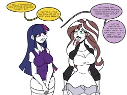 Size: 1800x1350 | Tagged: safe, artist:chillguydraws, artist:thicc-verse, derpibooru import, sunset shimmer, twilight sparkle, human, g4, big breasts, breasts, busty sunset shimmer, busty twilight sparkle, cleavage, dialogue, duo, duo female, female, humanized, image, partial color, png, simple background, speech bubble, white background