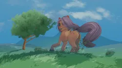 Size: 3840x2160 | Tagged: safe, artist:friendshipisfree, derpibooru import, fluttershy, pegasus, pony, g4, 4k, butt, cloud, female, flutterbutt, grass, high res, image, mare, mountain, outdoors, plot, png, sky, solo, tail, tree, wind, windswept mane, windswept tail