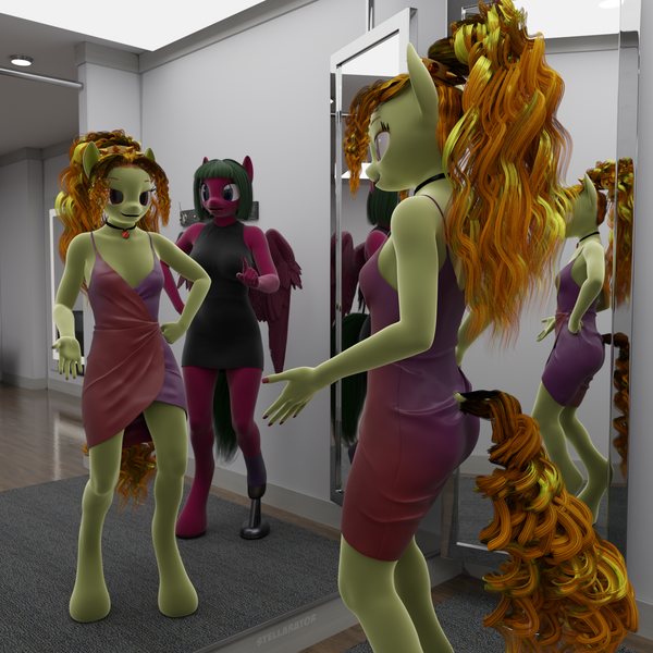 Size: 2160x2160 | Tagged: safe, artist:stellarator, derpibooru import, adagio dazzle, oc, oc:ruby cabernet, anthro, unguligrade anthro, comic:we will be adored, g4, 3d, blender, blender cycles, changing room, clothes, comic, dress, drink, image, mirror, not sfm, png