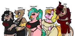 Size: 4824x2362 | Tagged: safe, artist:sexygoatgod, derpibooru import, oc, unofficial characters only, crystal pony, gryphon, hippogriff, hybrid, kirin, zebra, zebroid, zony, adoptable, antrho, female, group, image, png, simple background, transparent background