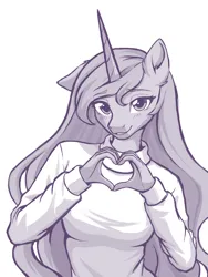 Size: 3000x4000 | Tagged: safe, artist:sierraex, derpibooru import, princess luna, alicorn, anthro, g4, breasts, busty princess luna, clothes, female, high res, hoof heart, image, looking at you, monochrome, one ear down, png, simple background, smiling, smiling at you, sweater, underhoof, white background