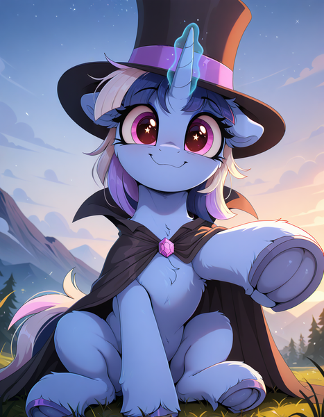 Size: 896x1152 | Tagged: safe, ai content, generator:zoinksnoob, machine learning generated, prompter:cloudmild, stable diffusion, oc, oc:flawless sparklemoon, pony, unicorn, cloak, closed mouth, clothes, cloud, cute, detailed background, female, floppy ears, fusion, fusion:twixie, grass, happy, hat, horn, image, looking at you, magic, mare, mountain, outdoors, png, sitting, sky, smiling, smiling at you, solo, starry eyes, top hat, tree, underhoof, wingding eyes