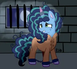 Size: 1822x1640 | Tagged: safe, artist:chewy-tartz, derpibooru import, g5, clothes, commissioner:rainbowdash69, cuffed, horn, horn ring, image, jewelry, magic suppression, misty brightdawn, never doubt rainbowdash69's involvement, png, prison outfit, prisoner, prisoner misty, ring, sad, shackles