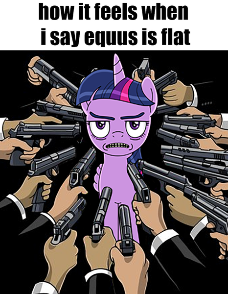 Size: 777x1000 | Tagged: safe, artist:anonymousandrei, artist:zerobriant, derpibooru import, edit, twilight sparkle, twilight sparkle (alicorn), alicorn, pony, g4, derpibooru exclusive, equus, female, flat earth, flat world, gun, hand, image, impact font, mare, meme, needs more jpeg, png, pointing gun, ponified meme, shitposting, surrounded, weapon