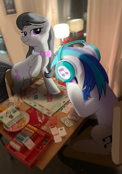 Size: 3500x5000 | Tagged: artist needed, safe, artist:lalibellie, derpibooru import, octavia melody, vinyl scratch, earth pony, pony, unicorn, g4, board game, cup, drink, female, glasses, headphones, horn, image, indoors, irl, jpeg, lamp, mare, monopoly, mug, photo, ponies in real life, seat, signature, sitting, standing, table, two toned mane