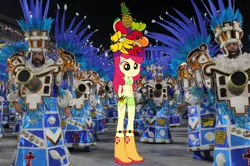 Size: 1822x1209 | Tagged: safe, derpibooru import, apple bloom, human, equestria girls, g4, apple, banana, boots, bra, carnaval, clothes, dancing, feather, food, fruit hat, hat, image, jpeg, leg band, night, orange, parade, pineapple, rio de janeiro, shoes, strawberry, underwear, watermelon, wristband