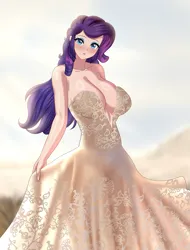 Size: 820x1080 | Tagged: suggestive, artist:thebrokencog, derpibooru import, rarity, human, g4, beach, beautiful, beautisexy, big breasts, breasts, busty rarity, clothes, commission, dress, elegant, eyeshadow, female, female focus, humanized, image, looking at you, makeup, marriage, png, solo, solo female, solo focus, sun, wedding, wedding dress