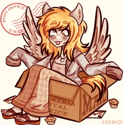 Size: 1962x2000 | Tagged: safe, artist:joboqs, derpibooru import, derpy hooves, human, g4, :p, alternate hairstyle, box, clothes, cute, derpabetes, eared humanization, feet, food, hoodie, humanized, image, jewelry, jpeg, letter, mail, muffin, necklace, pants, pony coloring, sandals, shirt, solo, tongue out, winged humanization, wings