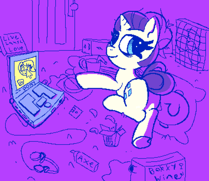 Size: 1616x1400 | Tagged: safe, artist:pylony, derpibooru import, rarity, mouse, g4, alcohol, alternate hairstyle, body pillow, carpet, chinese text, chips, chopsticks, computer, door, fan, floppy disk, food, hair bun, headphones, image, laptop computer, mattress, moon runes, mug, neet, pixel-crisp art, png, smiling, solo, tired, wine