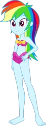 Size: 619x1696 | Tagged: safe, artist:dustinwatsongkx, derpibooru import, edit, rainbow dash, human, g4, attached skirt, bare arms, bare legs, bare shoulders, barefoot, belly, belly button, bikini, clothes, clothes swap, feet, female, grin, hand on hip, human female, image, pinkie pie swimsuit, png, simple background, skirt, sleeveless, slender, smiling, solo, strapless, strapless bikini, swimsuit, swimsuit swap, thin, transparent background