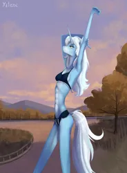 Size: 1927x2616 | Tagged: safe, artist:xilene, derpibooru import, oc, oc:skybright bliss, unofficial characters only, anthro, unicorn, abs, blue skin, clothes, detailed background, green eyes, horn, image, png, shorts, skinny, slender, sports bra, sports panties, sports shorts, tall, thin, unicorn oc, white hair