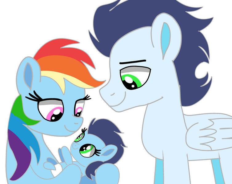 Size: 1280x1019 | Tagged: safe, artist:mrsdashskies, derpibooru import, rainbow dash, soarin', oc, oc:rainbolt, pegasus, pony, g4, baby, baby pony, female, filly, foal, image, jpeg, male, mare, offspring, parent:rainbow dash, parent:soarin', parents:soarindash, shipping, simple background, soarindash, stallion, straight, trio, white background