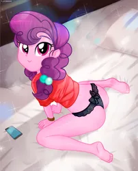 Size: 915x1135 | Tagged: suggestive, artist:charliexe, derpibooru import, sugar belle, equestria girls, g4, ass, barefoot, bed, black underwear, blanket, butt, clothes, cute, equestria girls-ified, feet, female, image, jpeg, kneeling, mobile phone, panties, phone, shirt, smartphone, solo, solo female, sugarbetes, t-shirt, underwear, wristband