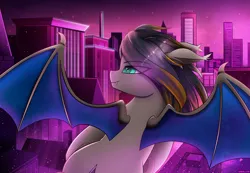 Size: 2820x1948 | Tagged: safe, artist:andaluce, derpibooru import, oc, oc:black night, bat pony, pony, aesthetics, building, city, ear fluff, eyebrows, eyebrows visible through hair, flying, image, male, night, png, rooftop, skyscraper, smiling, solo, spread wings, stallion, vaporwave, wings