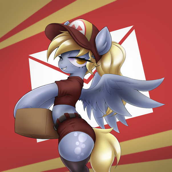 Size: 1728x1719 | Tagged: safe, artist:maretheory.exe, derpibooru import, derpy hooves, pegasus, pony, semi-anthro, g4, bedroom eyes, box, bubble butt, butt, clothes, female, hat, image, lidded eyes, looking at you, mailmare, mare, midriff, one eye closed, pinup, plot, png, socks, spread wings, stupid sexy derpy, thigh highs, wings, wink, winking at you