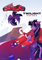 Size: 1449x2048 | Tagged: safe, artist:twiligh7s_bong, derpibooru import, twilight sparkle, twilight sparkle (alicorn), alicorn, pony, g4, akira, clothes, female, goggles, goggles on head, image, jacket, jpeg, mare, motorcycle, solo, zine:a spark for us