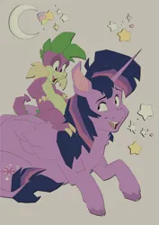 Size: 2480x3508 | Tagged: safe, artist:creaturedeer, derpibooru import, spike, twilight sparkle, twilight sparkle (alicorn), alicorn, dragon, pony, g4, cloven hooves, duo, female, image, male, mare, png, riding, spike riding twilight, unshorn fetlocks, zine:a spark for us