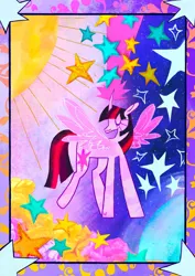 Size: 1412x1996 | Tagged: safe, artist:clowncarzgobeep, derpibooru import, twilight sparkle, twilight sparkle (alicorn), alicorn, pony, g4, curved horn, eyes closed, female, horn, image, mare, moon, png, solo, spread wings, stars, sun, wings, zine:a spark for us