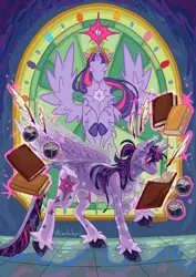 Size: 2480x3508 | Tagged: safe, artist:jackalopii, derpibooru import, twilight sparkle, twilight sparkle (alicorn), alicorn, pony, g4, book, chest fluff, female, image, ink, jpeg, magic, mare, peytral, quill, solo, spread wings, stained glass, telekinesis, unshorn fetlocks, wings, zine:a spark for us