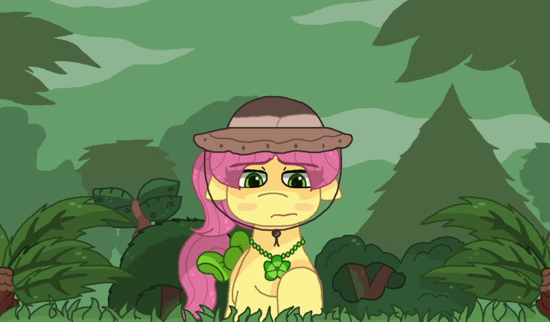 Size: 1875x1100 | Tagged: safe, artist:featherwing555, derpibooru import, posey (g5), earth pony, pony, g5, female, forest, hat, image, mare, nature, outdoors, png, solo, tree