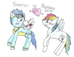 Size: 749x582 | Tagged: safe, artist:swiftytehkat, derpibooru import, rainbow dash, soarin', pegasus, pony, g4, female, image, jpeg, male, mare, shipping, soarindash, stallion, straight, traditional art