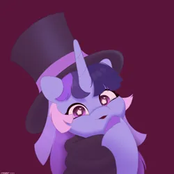 Size: 2480x2480 | Tagged: safe, artist:starburstuwu, derpibooru import, oc, oc:flawless sparklemoon, unofficial characters only, pony, unicorn, bust, female, fusion, fusion:trixie, fusion:twilight sparkle, fusion:twixie, hat, high res, horn, image, jpeg, looking at you, mare, purple background, signature, simple background, solo, starry eyes, top hat, unshorn fetlocks, wingding eyes