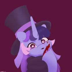 Size: 2480x2480 | Tagged: semi-grimdark, alternate version, artist:starburstuwu, derpibooru import, oc, oc:flawless sparklemoon, unofficial characters only, pony, unicorn, blood, bust, female, fusion, fusion:trixie, fusion:twilight sparkle, fusion:twixie, hat, high res, horn, image, jpeg, looking at you, mare, purple background, signature, simple background, solo, starry eyes, top hat, unshorn fetlocks, wingding eyes