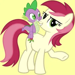 Size: 1280x1280 | Tagged: safe, artist:ebotizer, ponerpics import, ponybooru import, roseluck, spike, dragon, earth pony, pony, dragons riding ponies, duo, female, happy, image, jpeg, looking at you, male, mare, riding, riding a pony, simple background, smiling