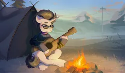 Size: 4096x2414 | Tagged: safe, artist:ijustmari, derpibooru import, oc, oc:haze rad, unofficial characters only, pony, semi-anthro, unicorn, fallout equestria, campfire, clothes, commissioner:biohazard, crossed legs, dexterous hooves, glasses, guitar, horn, image, jpeg, jumpsuit, male, musical instrument, outdoors, scarf, solo, stallion, tent, unicorn oc, vault suit