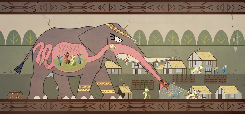 Size: 3200x1497 | Tagged: grimdark, artist:28gooddays, derpibooru import, earth pony, elephant, pony, acid, alternate universe, bone, commission, dead, death, digestion, fetish, high res, image, imminent death, inside stomach, internal, mural, png, poop, prey, scat, skeleton, stomach acid, sucking, trunk vore, unwilling, unwilling prey, vacuum vore, vore, x-ray