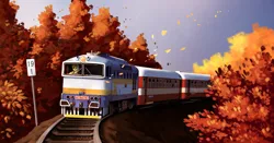 Size: 2860x1500 | Tagged: safe, artist:28gooddays, derpibooru import, oc, oc:beamshot, unofficial characters only, earth pony, pony, autumn, detailed background, high res, image, leaves, locomotive, png, railroad, scenery, solo, train, train tracks