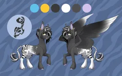 Size: 4000x2500 | Tagged: safe, artist:28gooddays, derpibooru import, oc, unofficial characters only, bat pony, hybrid, pegasus, zebra, zebroid, concave belly, ear piercing, heterochromia, high res, image, open mouth, piercing, png, raised hoof, reference sheet, smiling, solo, spread wings, unshorn fetlocks, wings