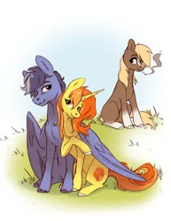 Size: 1500x1939 | Tagged: safe, artist:28gooddays, derpibooru import, oc, oc:amber fossil, oc:silver lightning, ponified, ponified:sgt. reckless, earth pony, pegasus, pony, unicorn, cigarette, female, grass, horn, hug, image, jpeg, male, mare, oc x oc, shipping, sitting, smoking, stallion, straight, trio, unshorn fetlocks, warpone, winghug, wings